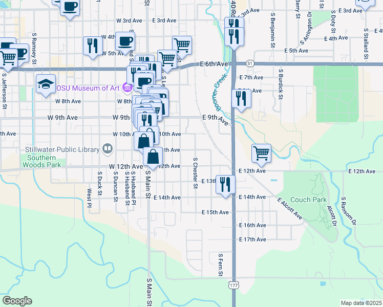 map of restaurants, bars, coffee shops, grocery stores, and more near 1121 South Chester Street in Stillwater
