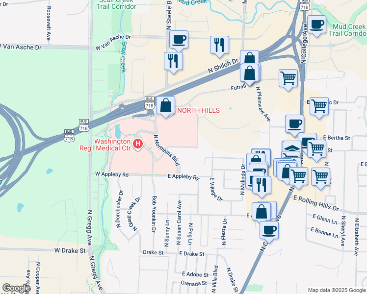 map of restaurants, bars, coffee shops, grocery stores, and more near 94 East Monte Painter Drive in Fayetteville
