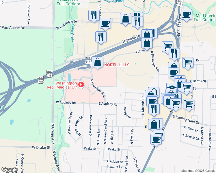 map of restaurants, bars, coffee shops, grocery stores, and more near 94 East Monte Painter Drive in Fayetteville