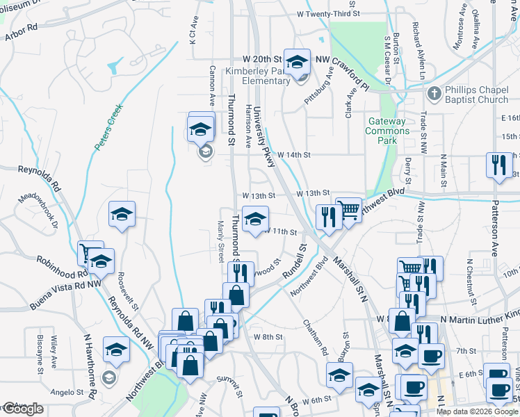 map of restaurants, bars, coffee shops, grocery stores, and more near 885 West 12th Street in Winston-Salem