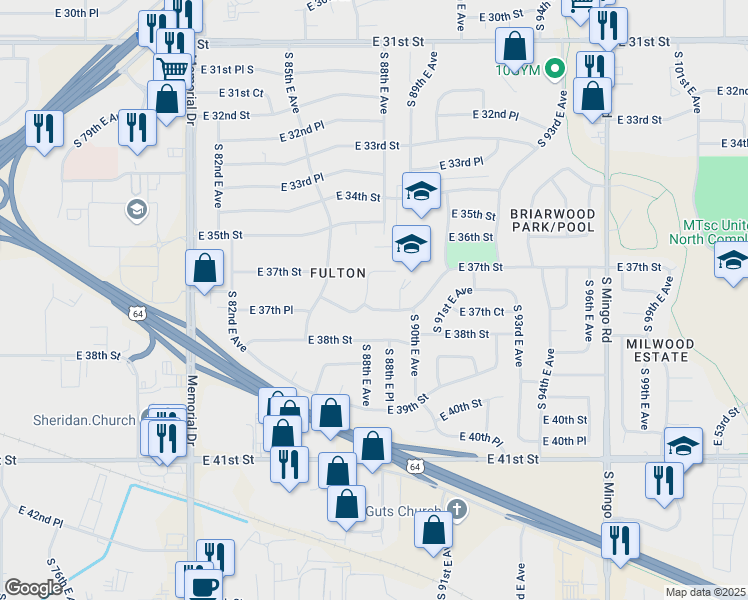map of restaurants, bars, coffee shops, grocery stores, and more near 8801 East 37th Place in Tulsa