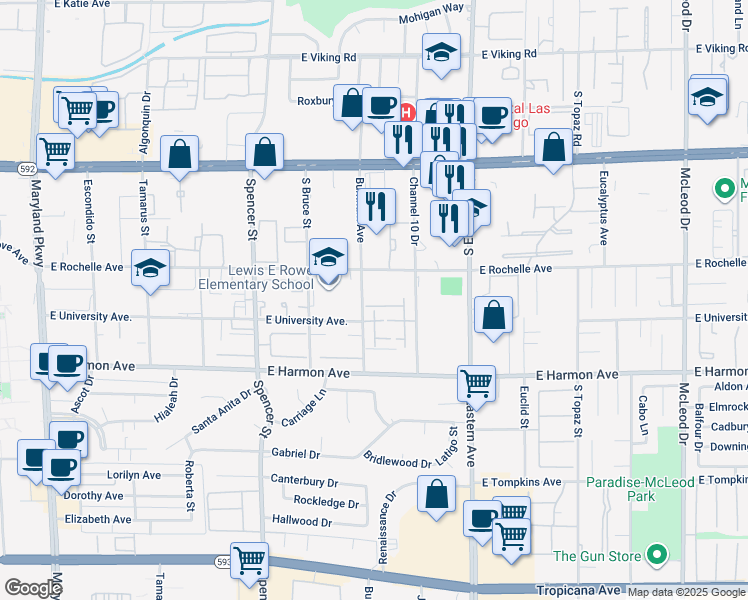 map of restaurants, bars, coffee shops, grocery stores, and more near 2140 Pinetop Lane in Las Vegas