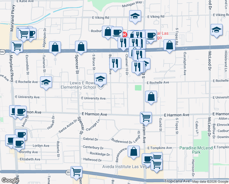 map of restaurants, bars, coffee shops, grocery stores, and more near 2140 Pinetop Lane in Las Vegas