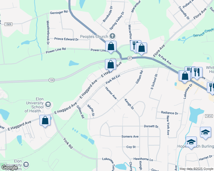 map of restaurants, bars, coffee shops, grocery stores, and more near 132 Hunter Avenue in Elon
