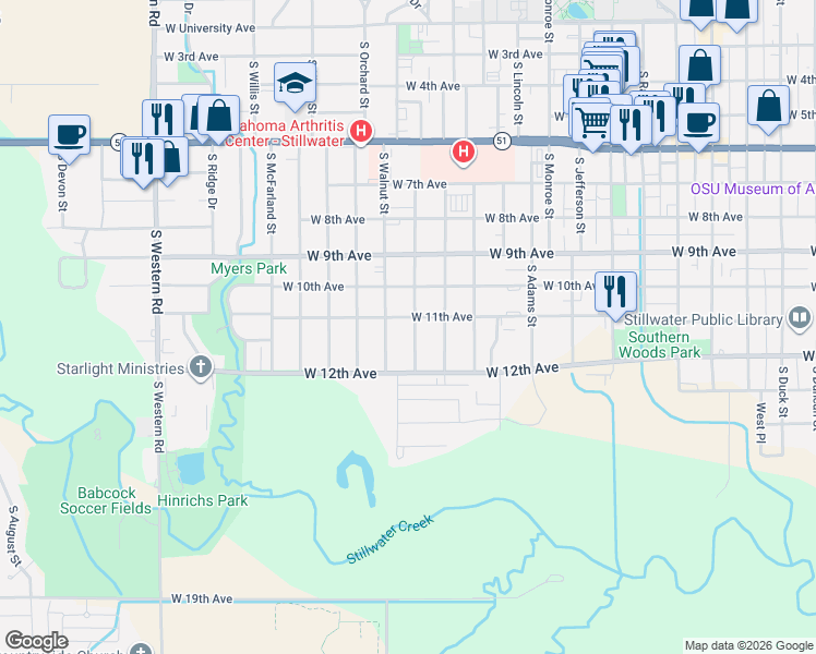 map of restaurants, bars, coffee shops, grocery stores, and more near 1107 South Pine Street in Stillwater