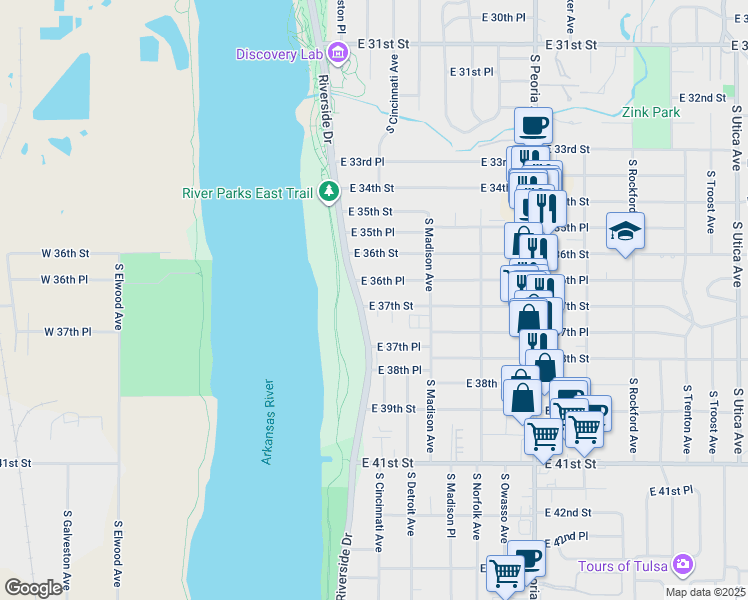map of restaurants, bars, coffee shops, grocery stores, and more near 3708 South Cincinnati Avenue in Tulsa