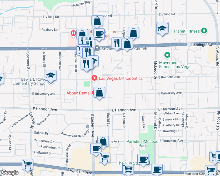 map of restaurants, bars, coffee shops, grocery stores, and more near 4357 Flagship Court in Las Vegas