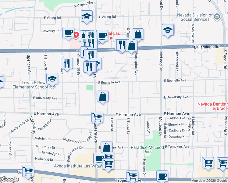 map of restaurants, bars, coffee shops, grocery stores, and more near 4386 Flagship Court in Las Vegas