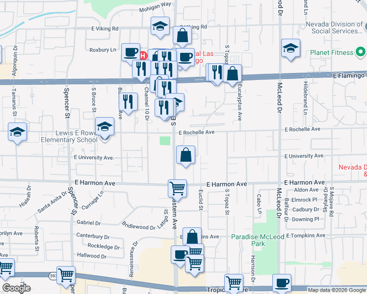 map of restaurants, bars, coffee shops, grocery stores, and more near 4386 S Eastern Ave in Las Vegas