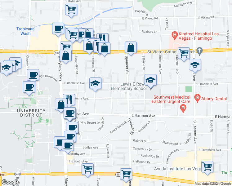 map of restaurants, bars, coffee shops, grocery stores, and more near 1722 East University Avenue in Las Vegas
