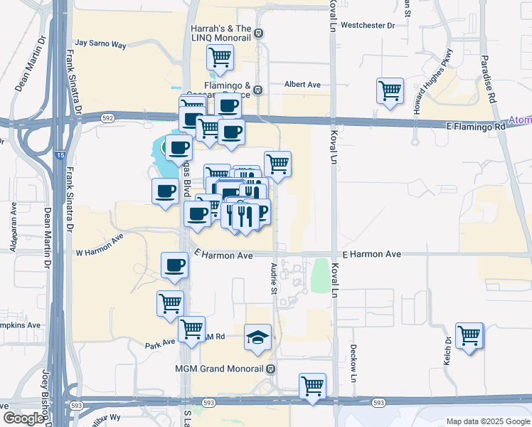 map of restaurants, bars, coffee shops, grocery stores, and more near 200 Audrie Street in Las Vegas