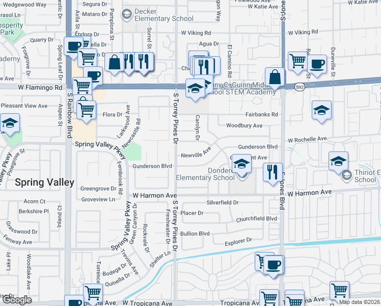map of restaurants, bars, coffee shops, grocery stores, and more near 6457 Newville Avenue in Las Vegas