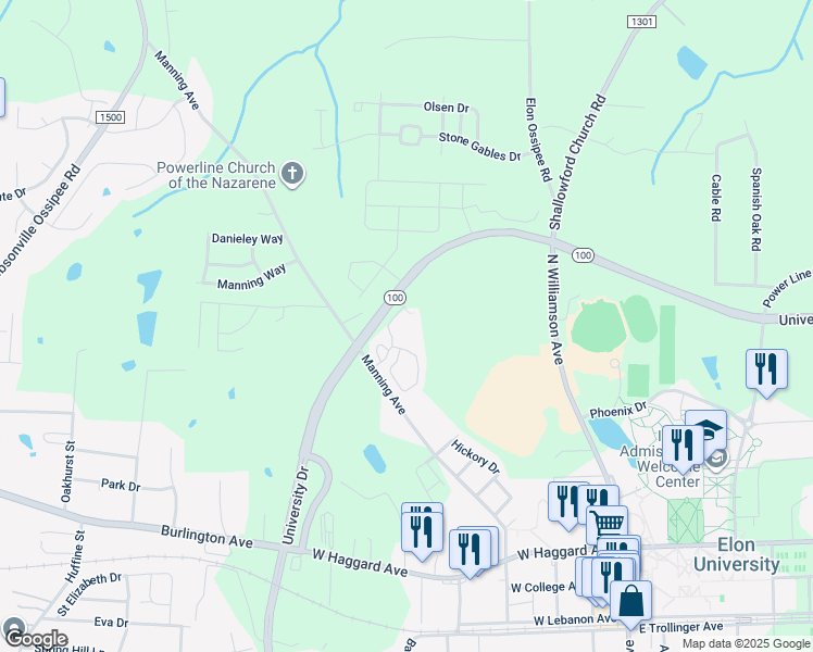 map of restaurants, bars, coffee shops, grocery stores, and more near 489 Blakely Hall Lane in Elon