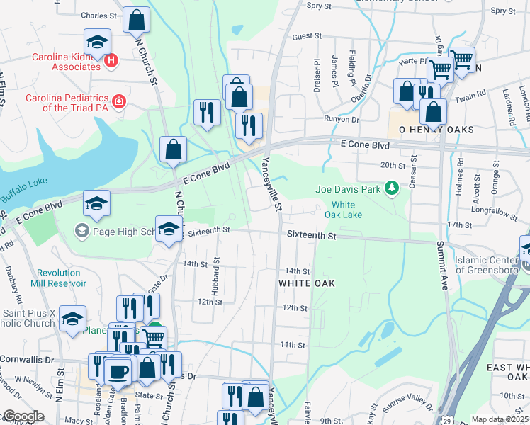 map of restaurants, bars, coffee shops, grocery stores, and more near 2617 Yanceyville Street in Greensboro