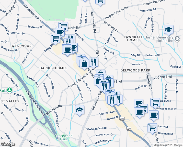 map of restaurants, bars, coffee shops, grocery stores, and more near in Greensboro
