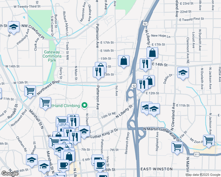 map of restaurants, bars, coffee shops, grocery stores, and more near in Winston-Salem