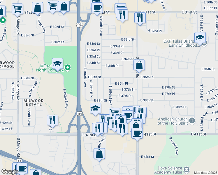 map of restaurants, bars, coffee shops, grocery stores, and more near 3651 South 108th East Avenue in Tulsa