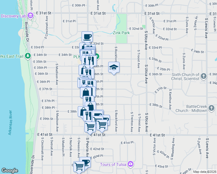 map of restaurants, bars, coffee shops, grocery stores, and more near 1408 East 37th Street in Tulsa