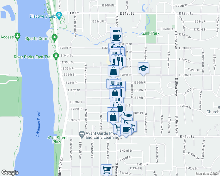 map of restaurants, bars, coffee shops, grocery stores, and more near 3723 South Peoria Avenue in Tulsa
