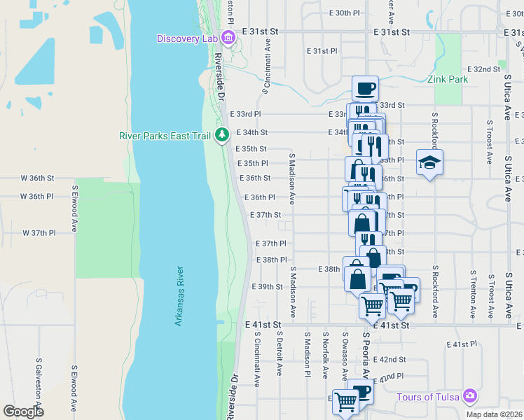 map of restaurants, bars, coffee shops, grocery stores, and more near 3708 South Cincinnati Avenue in Tulsa