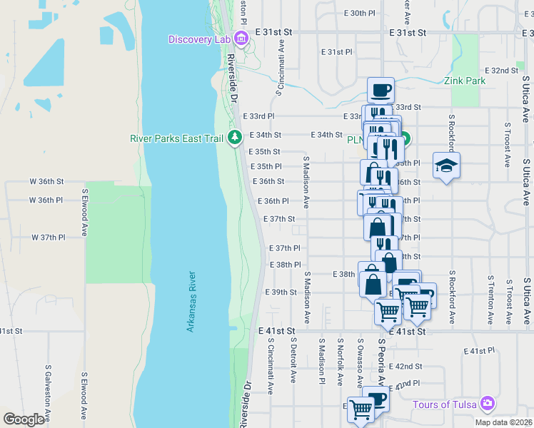map of restaurants, bars, coffee shops, grocery stores, and more near 3708 South Cincinnati Avenue in Tulsa