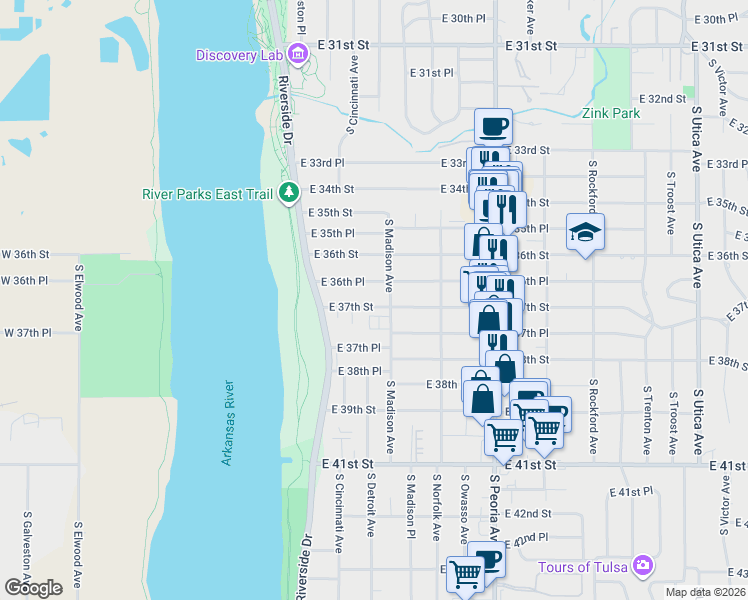 map of restaurants, bars, coffee shops, grocery stores, and more near 3708 South Madison Avenue in Tulsa