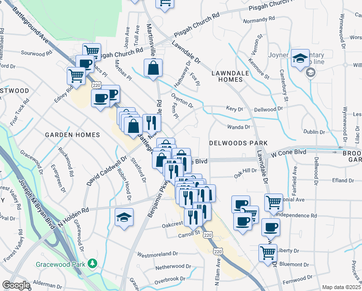 map of restaurants, bars, coffee shops, grocery stores, and more near 2407 Patriot Way in Greensboro