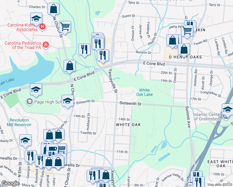 map of restaurants, bars, coffee shops, grocery stores, and more near in Greensboro