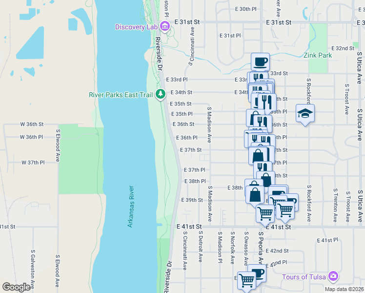 map of restaurants, bars, coffee shops, grocery stores, and more near 3708 South Cincinnati Avenue in Tulsa
