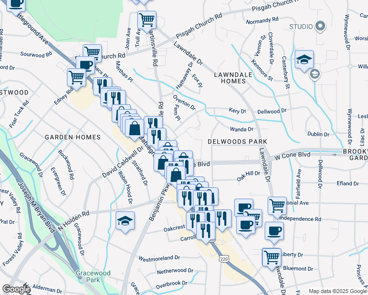 map of restaurants, bars, coffee shops, grocery stores, and more near 2407 Patriot Way in Greensboro