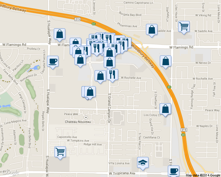 map of restaurants, bars, coffee shops, grocery stores, and more near 4445 South Grand Canyon Drive in Las Vegas