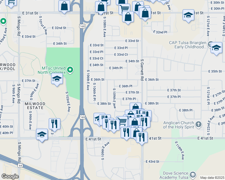 map of restaurants, bars, coffee shops, grocery stores, and more near 3651 South 108th East Avenue in Tulsa