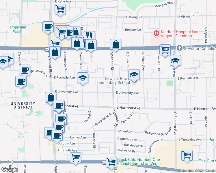 map of restaurants, bars, coffee shops, grocery stores, and more near 4363 Spencer Street in Las Vegas