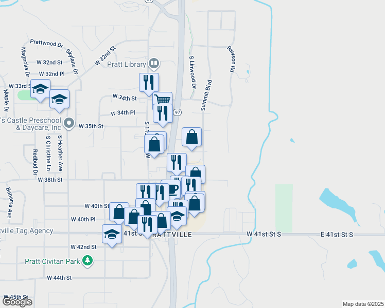 map of restaurants, bars, coffee shops, grocery stores, and more near 3510 Summit Boulevard in Sand Springs