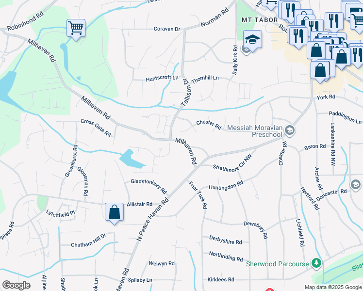 map of restaurants, bars, coffee shops, grocery stores, and more near 3416 Milhaven Road in Winston-Salem