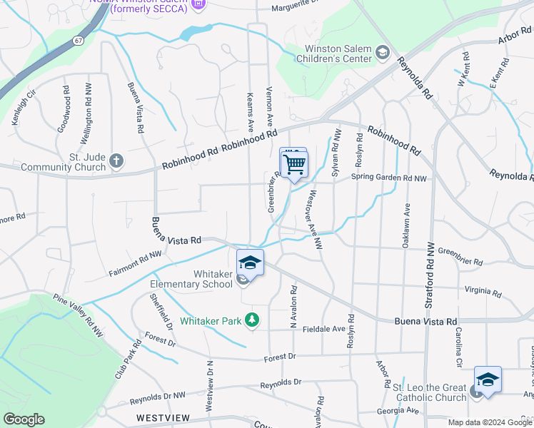 map of restaurants, bars, coffee shops, grocery stores, and more near 2632 Greenbrier Road in Winston-Salem