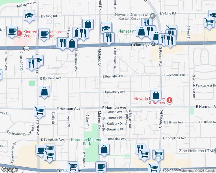 map of restaurants, bars, coffee shops, grocery stores, and more near 3060 Van Buskirk Circle in Las Vegas