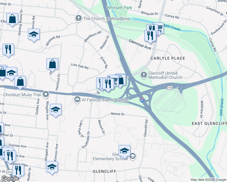 map of restaurants, bars, coffee shops, grocery stores, and more near 61 East Thompson Lane in Nashville