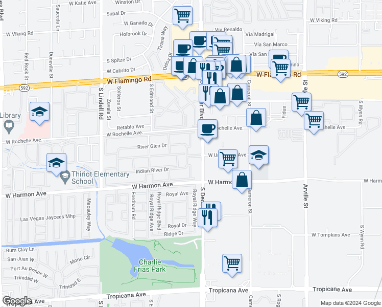 map of restaurants, bars, coffee shops, grocery stores, and more near 4390 Sandy River Drive in Las Vegas