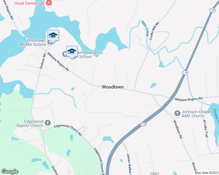 map of restaurants, bars, coffee shops, grocery stores, and more near Mebane Rogers Road in Mebane