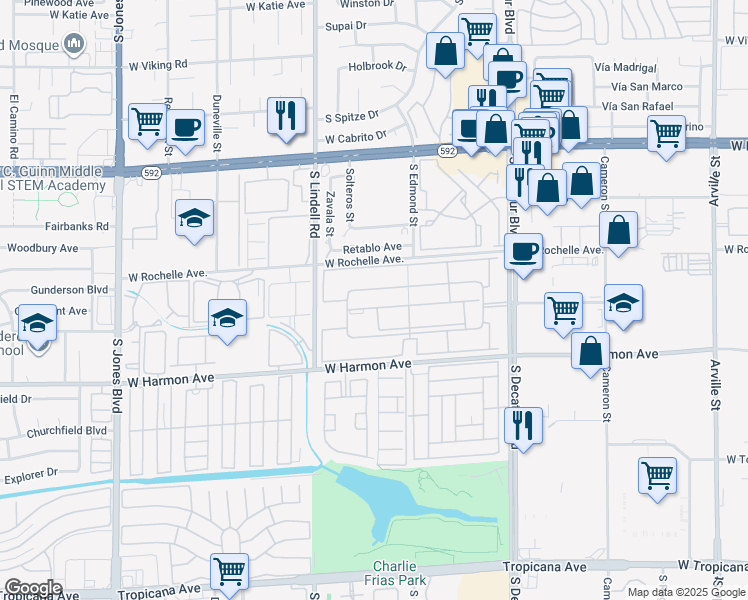 map of restaurants, bars, coffee shops, grocery stores, and more near 5261 River Glen Drive in Las Vegas