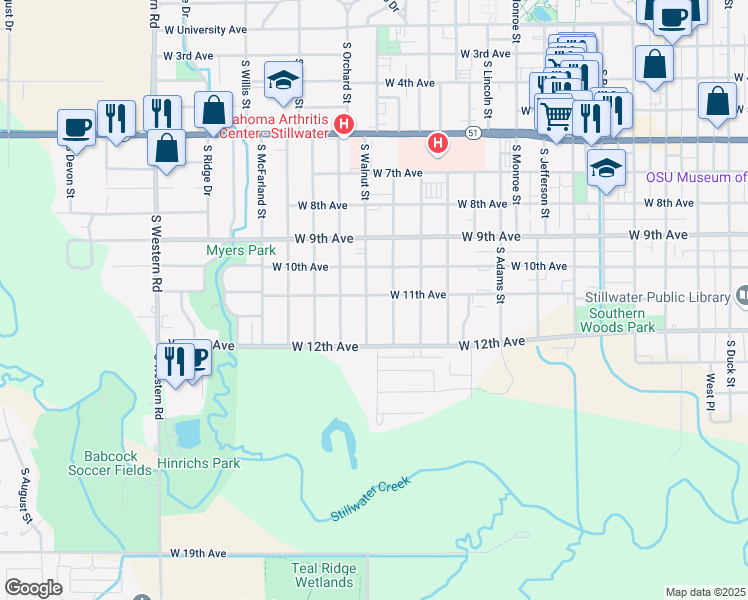 map of restaurants, bars, coffee shops, grocery stores, and more near 1110 South Walnut Street in Stillwater