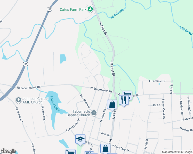 map of restaurants, bars, coffee shops, grocery stores, and more near 714 North Carr Street in Mebane