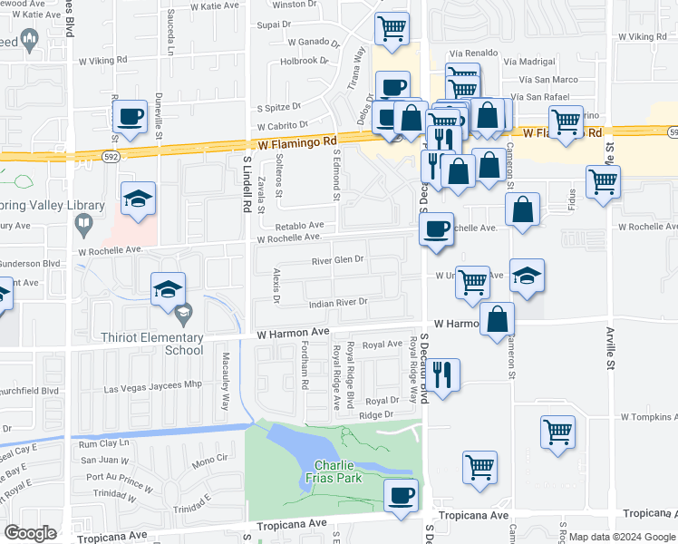 map of restaurants, bars, coffee shops, grocery stores, and more near 5121 River Glen Drive in Las Vegas