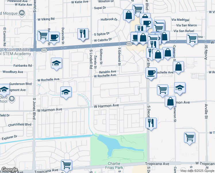 map of restaurants, bars, coffee shops, grocery stores, and more near 5261 River Glen Drive in Las Vegas