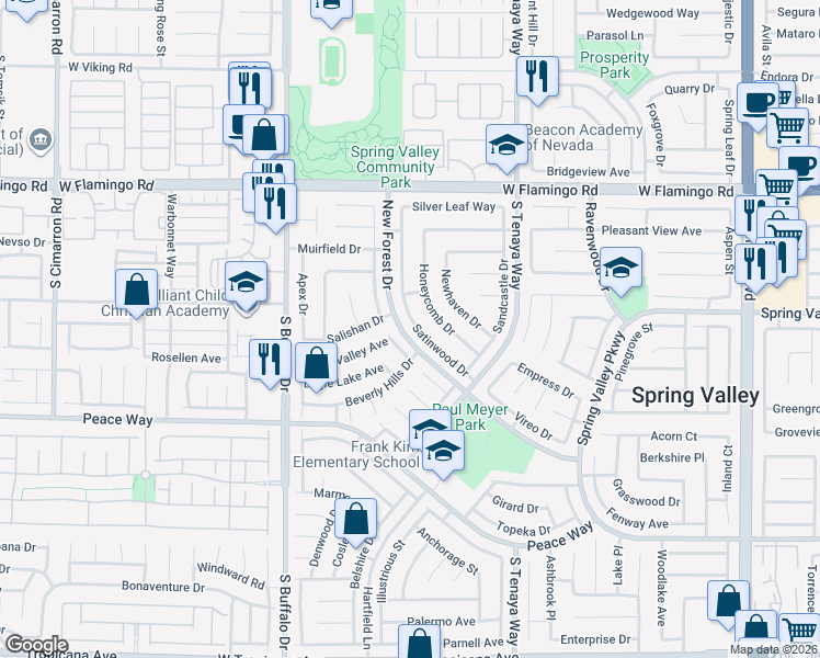 map of restaurants, bars, coffee shops, grocery stores, and more near 4351 Satinwood Drive in Las Vegas
