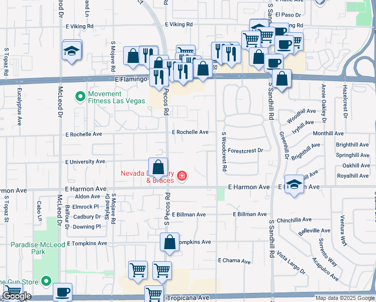 map of restaurants, bars, coffee shops, grocery stores, and more near 3435 East Tanto Circle in Las Vegas
