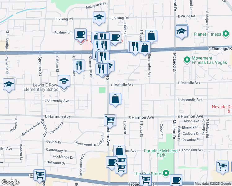 map of restaurants, bars, coffee shops, grocery stores, and more near 4330 South Eastern Avenue in Las Vegas