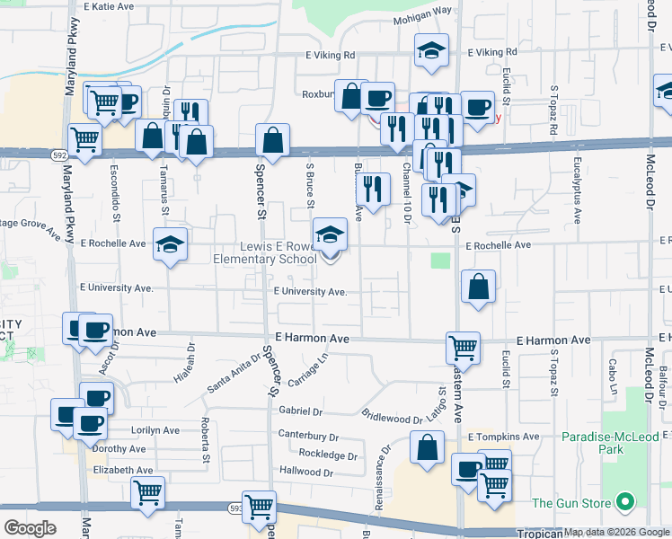 map of restaurants, bars, coffee shops, grocery stores, and more near 2006 University Circle in Las Vegas