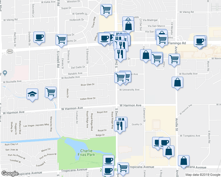 map of restaurants, bars, coffee shops, grocery stores, and more near 4410 Sandy River Drive in Las Vegas